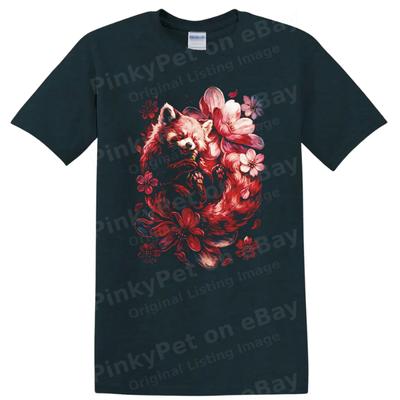 Red Panda Floral Design T Shirt Japanese Style Cute Animal Art Graphic Tee