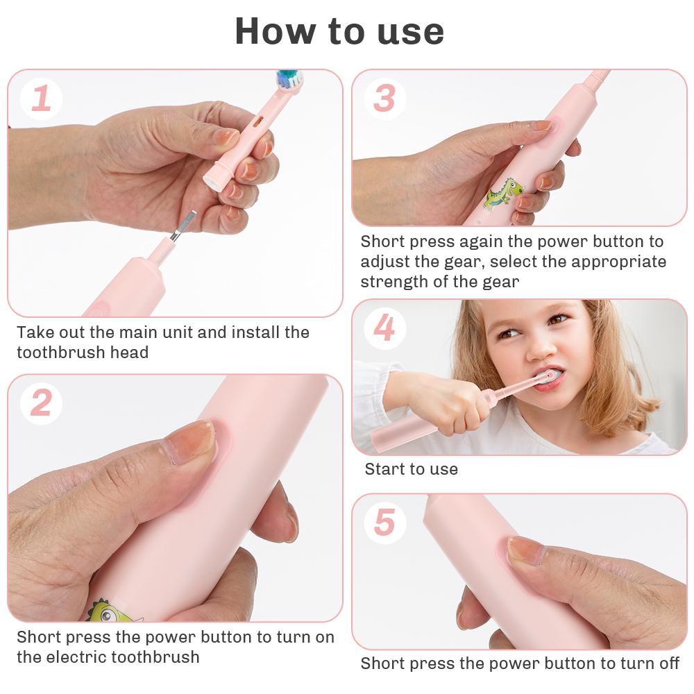 Rotating Electric Toothbrush Children Teeth Cleaning with Replacement Head Ultrasonic Waterproof Rechargeable Sonic Toothbrush