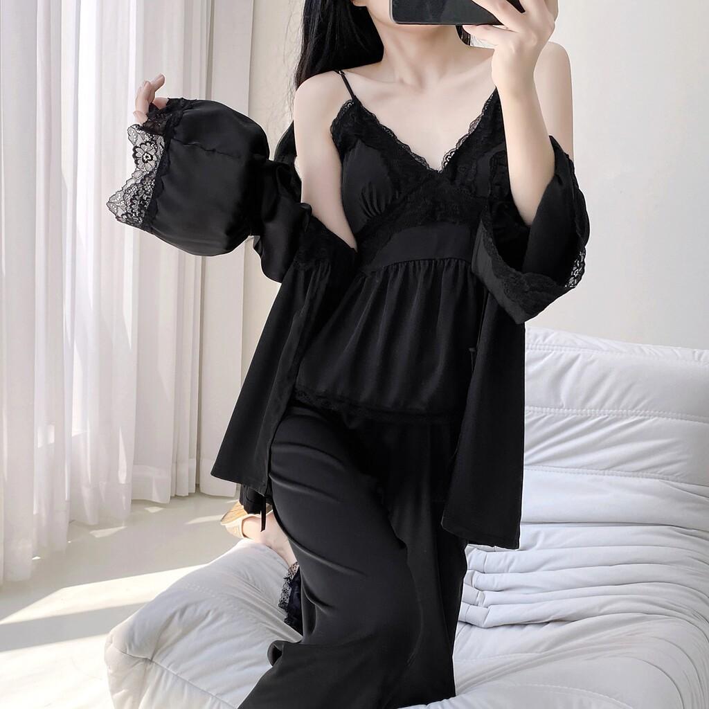 Live female Xia Bingsi Zhao Ruth sexy lace pajamas three-piece set suspender long sleeve trousers homewear