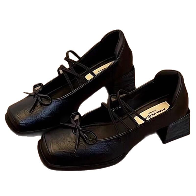 French Square Head Ballet Single Shoes Small Leather Shoes 2025 New Bow Light Mouth Retro Thick Heel Mary Jane Shoes Women