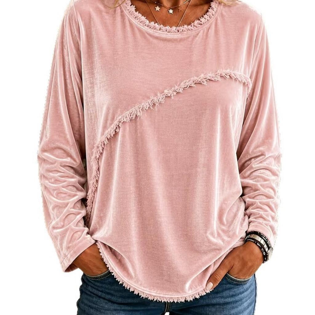 Women's European & American Style Velvet Patchwork Tassel Crew Neck Long Sleeve Top