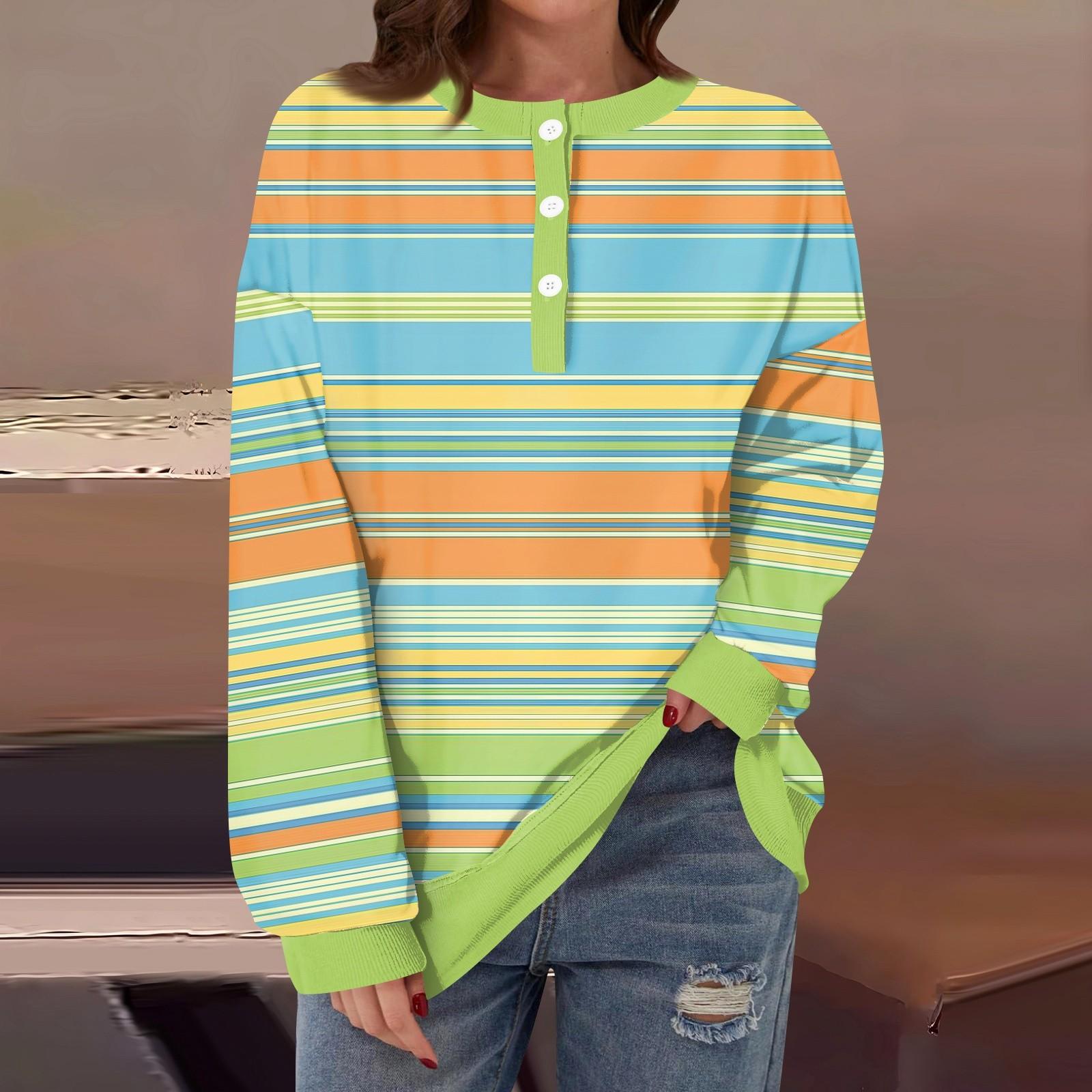 

Женская повседневная мода удобная полосатая футболка с длинным рукавом и круглым вырезом на пуговицах, свободный подол с боковыми разрезами L зелёный