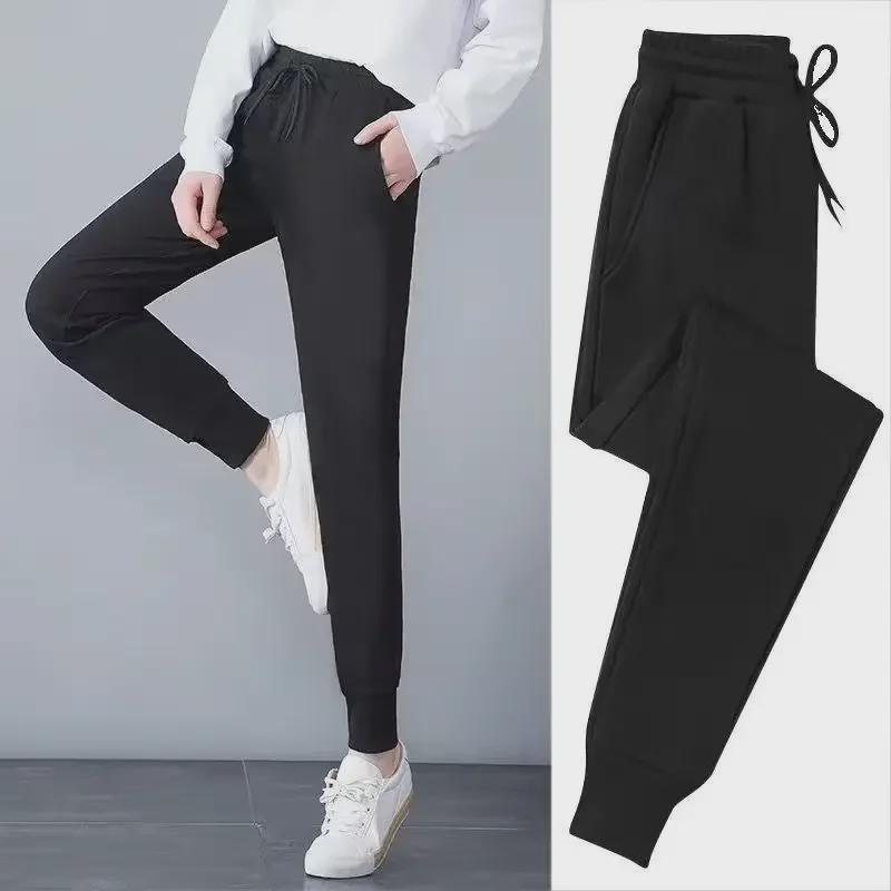 Women's Black Velvet-Lined Sports Sweatpants - Loose, Warm, Trendy Casual Wear for Autumn and Winter
