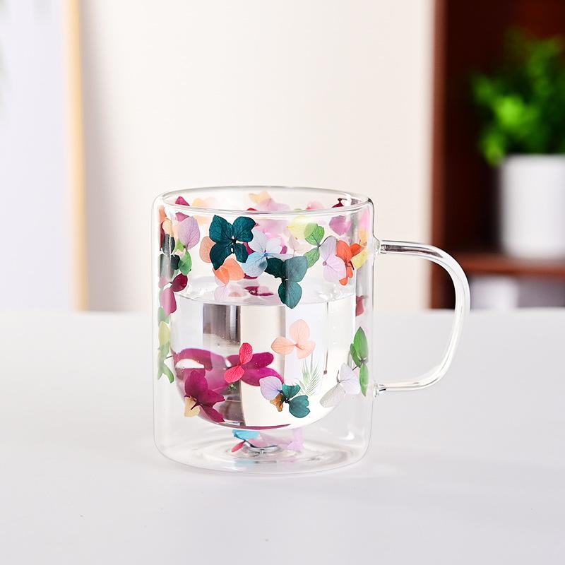 Export Double Cup Real Flower Dried Flower High Borosilicate Glass High Value Milk Cup Juice Cup Coffee Cup