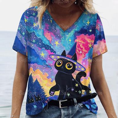 New Women T-shirt Cartoon Cat Print Oversized Women's Trending Clothing Fashion Short Sleeve Shirt Women V-Neck Blouse 2024