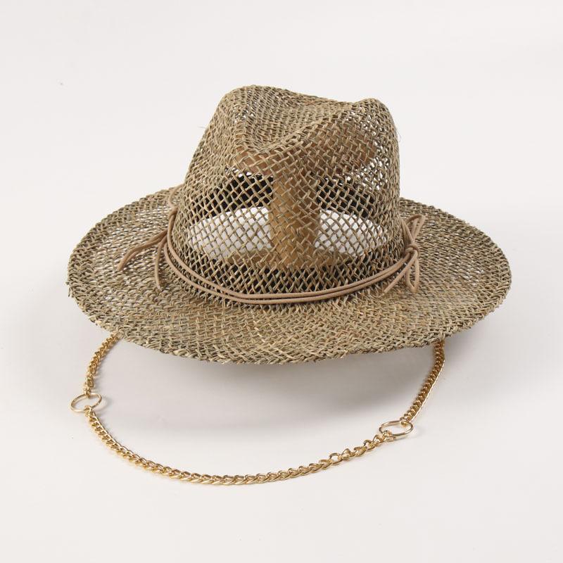 202405-2508751 ins chic summer Natural salty grass Shell pin gold chain fashion women fedoras cap leisure panama  JAZZ hat