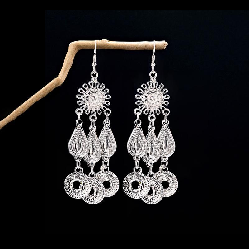 Vintage Miao Silver Minority Wind Earrings Personalized Bohemian Style Flower Long Fringed Earrings