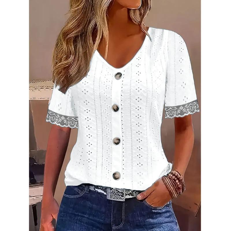 IHUASU Women's Fashion Casual Solid Color Print Short Sleeve V Neck Blouses & Shirts