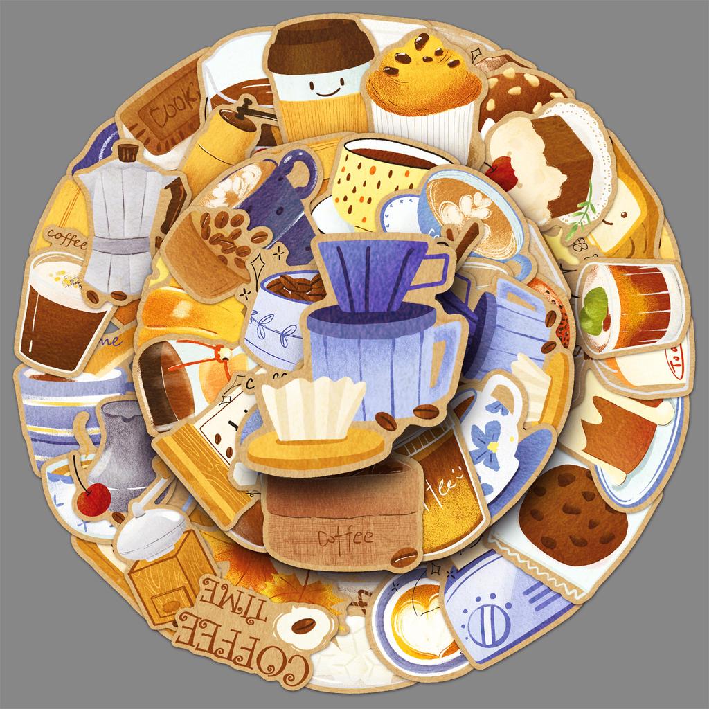 50 Creative Coffee Stickers Cartoon Hand-painted Small Fresh Decorative Mobile Phone Case Water Cup Sealing Sticker Hand Account Sticker