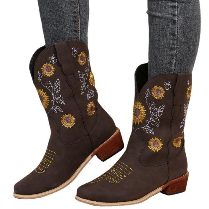 2025 New Foreign Trade Boots 2025 Winter European and American Foreign Trade Medium Tube Large Size Embroidered Sunflower Picture Boots