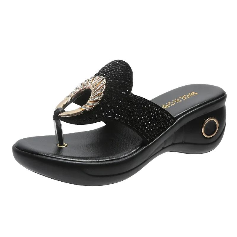 2025Retro Ladies  Summer New Platform Wedge Rhinestones Flip-flops Sandals Fashion Comfy High Thick Heel
