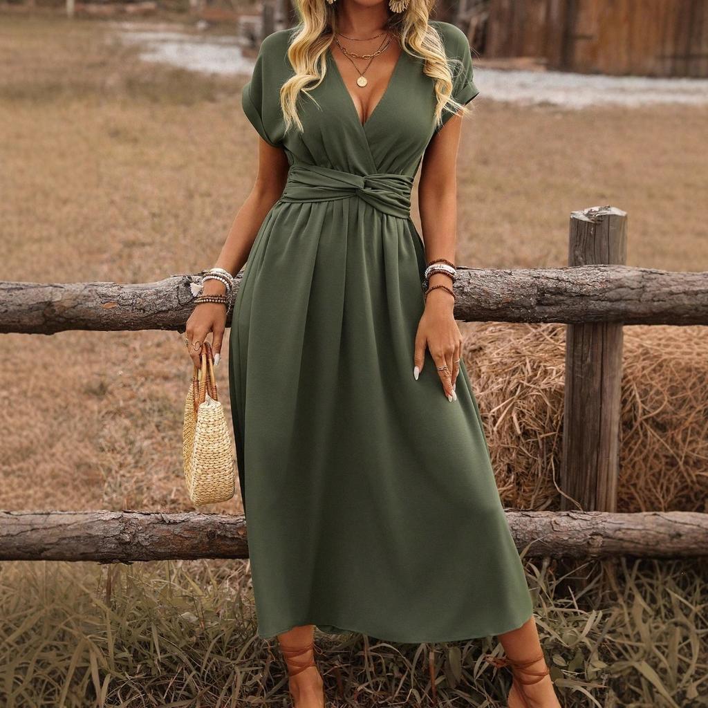 European and American Women's Summer Solid Color Waist V-neck Bat Sleeve Waist Fold Long Elegant Dress Women's Clothing