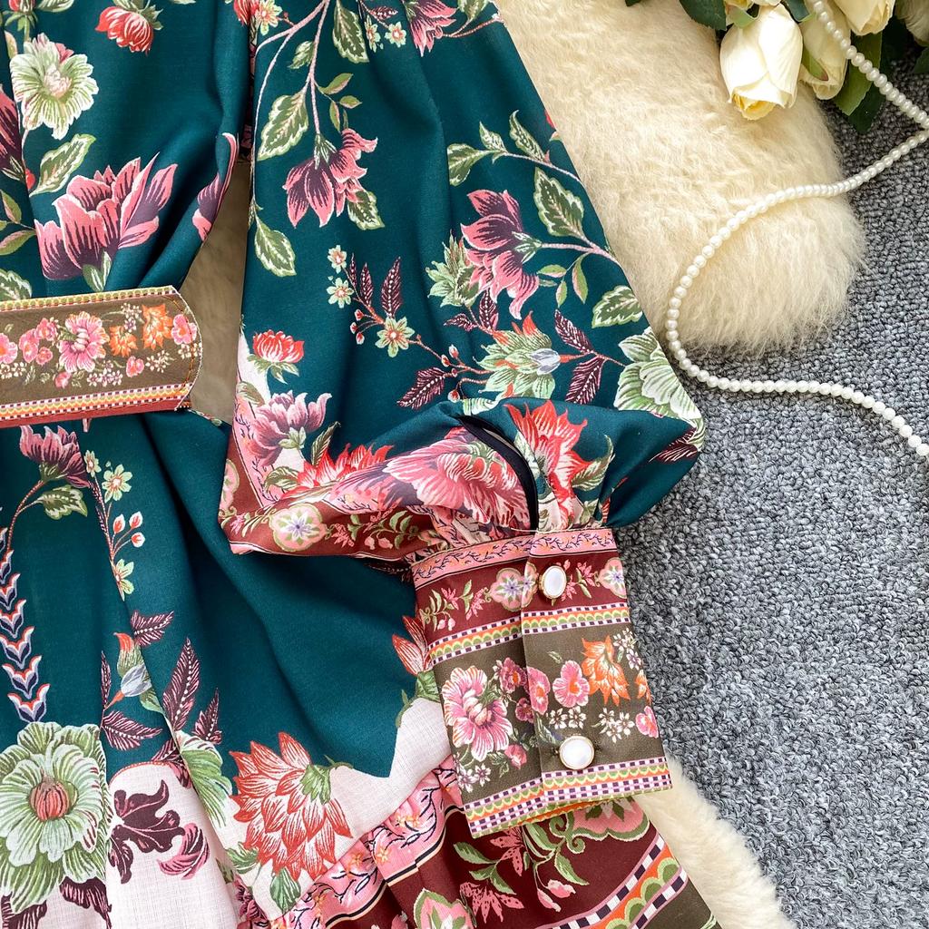 Women's Summer Dress Vintage Designer Print Mini Dresses Stand Collar Single Breasted Party Shirt Dress with Belt