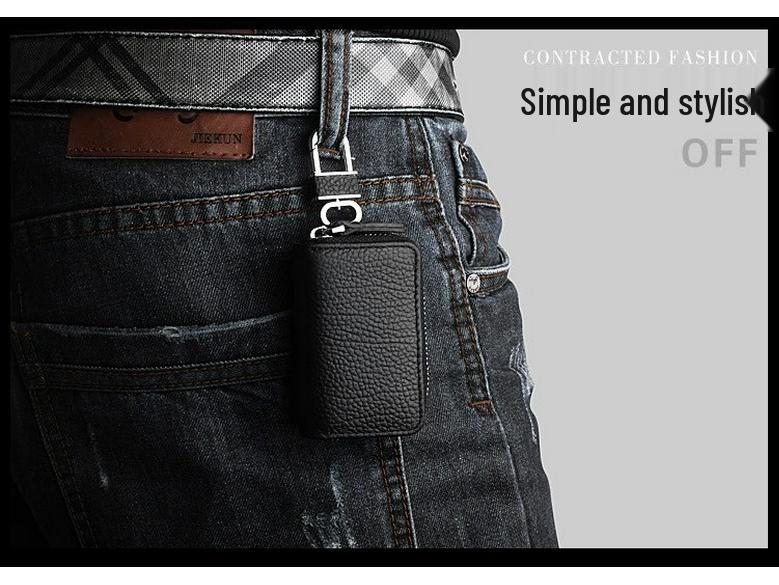 Lychee Grain Cowhide Key Case with Zipper - Pure Black