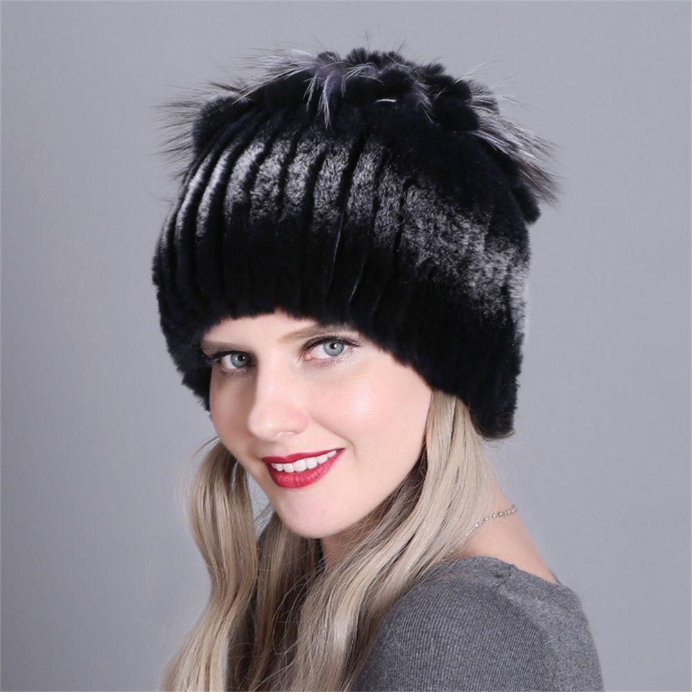 Outdoor Winter Warm Real Fur Beanies Hat Rabbit Fur Cap Knitted Real Rex Rabbit Fur Hats Elastic