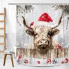Highland Cattle Cow Bull Christmas Shower Curtain With Birds & Snowy Xmas Balls, Farmhouse Bathroom Decor Set For Holiday Style