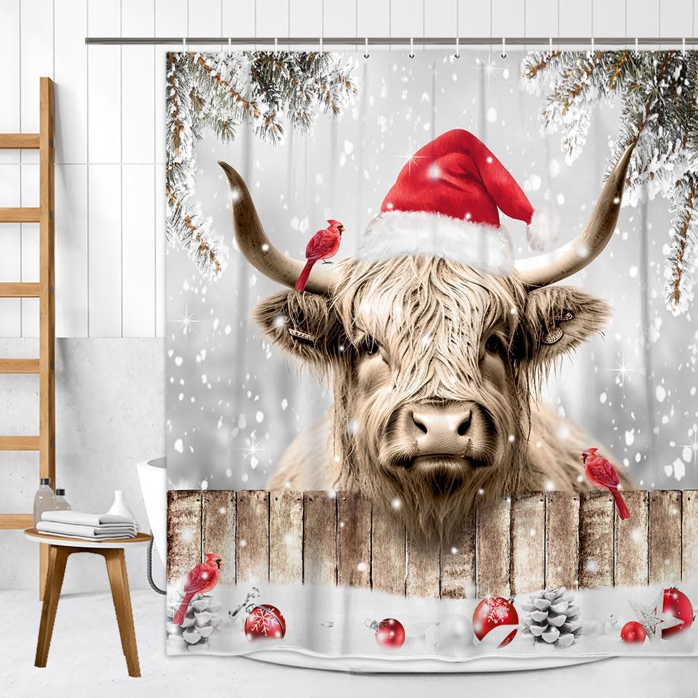 Highland Cattle Cow Bull Christmas Shower Curtain With Birds & Snowy Xmas Balls, Farmhouse Bathroom Decor Set For Holiday Style