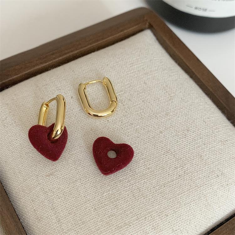 Luxury Red Flocked Heart Ear Studs for Women - Elegant, Versatile, and Detachable Earrings