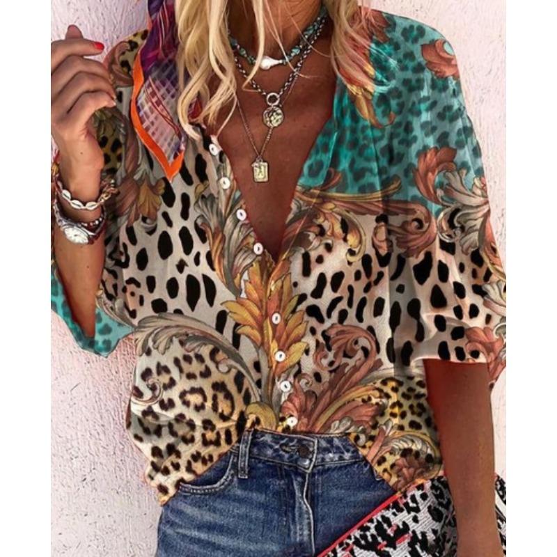 Summer Fashion Stand Up Collar Loose Button Retro Printed Casual Seven Inch Sleeves Women's Blouses & Shirts