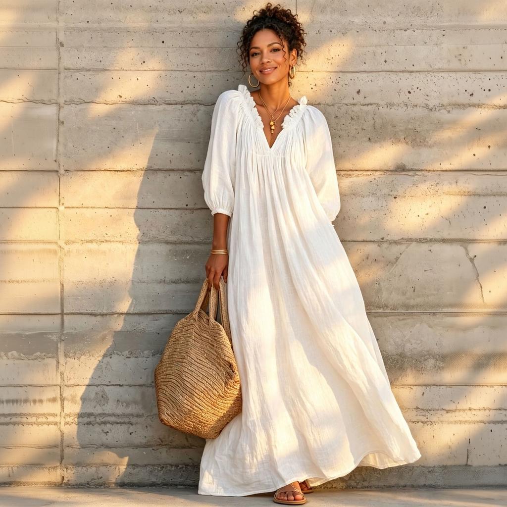 Women's V-Neck Sleeve Bohemian Long Maxi Dress for Vacation