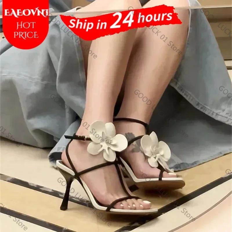 Fashion Flower T-Tied Women's Sandals Square Toe Stiletto Side Air Slingback High Heel One Word Belt Buckle Strap Elegant Shoes Wedding