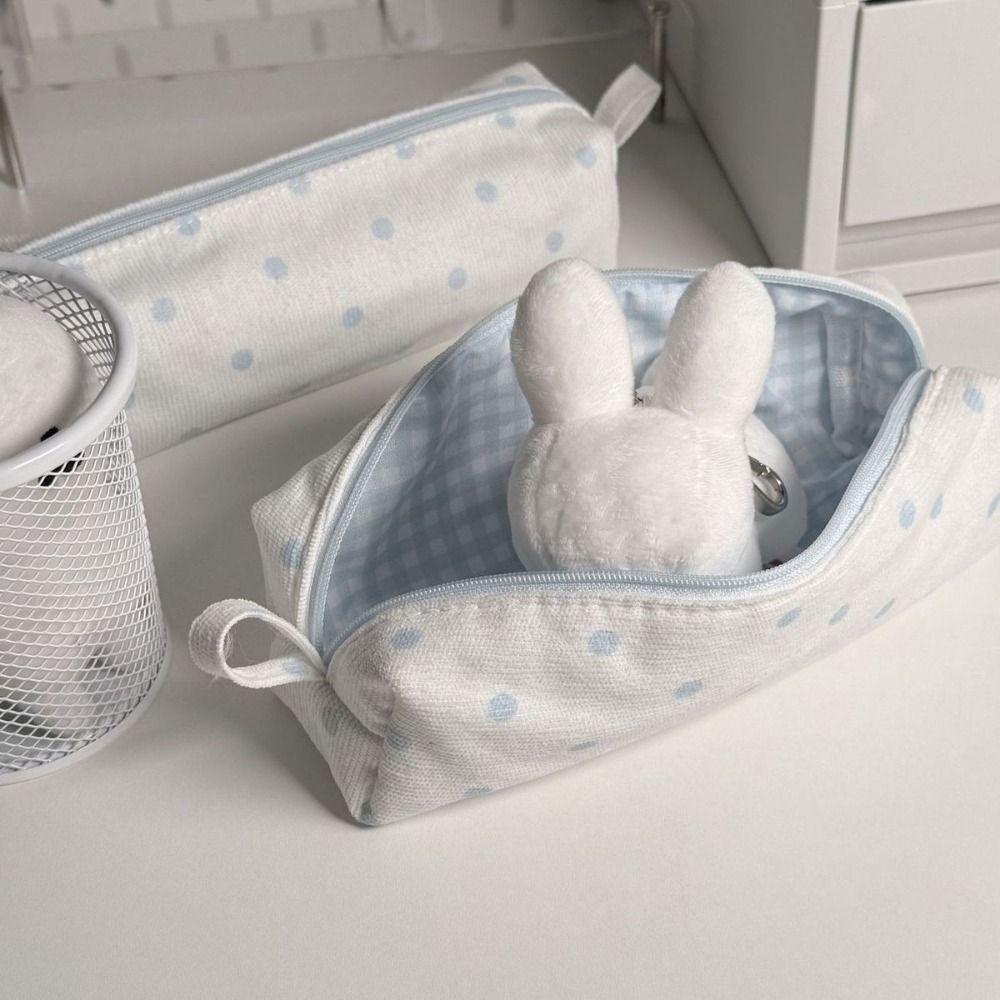 Portable Cream Color Pencil Case Multi-functional Polka Dot Pen Bag Large-capacity Stationery Pouch School Supplies