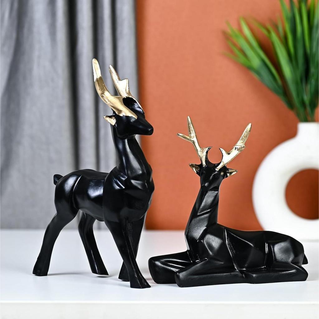 Zestaw 2 Eleganckich Jeleni | Ręcznie Robione Statuetki Hirana do Dekoracji Domu i Biura, Zainspirowane Naturą, Idealne na Prezent dla Miłośników Przyrody i Przyjaciół (czarny)