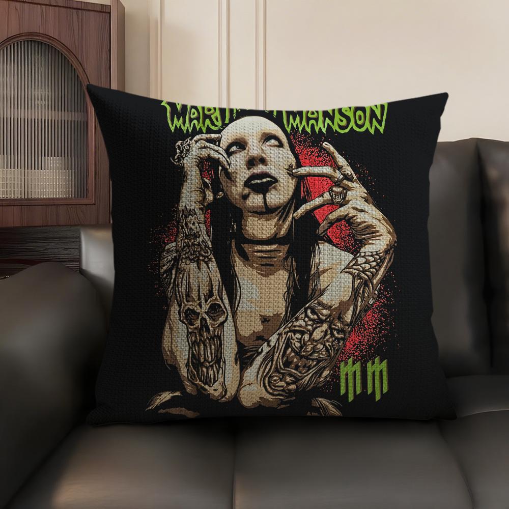 M-Marilyn Manson Rock Cushion Cover Natural Linen Organic Fabric Double-Sided Printing Sofa Home Decor Gift Pillow Case