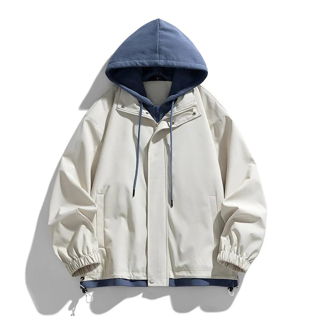 Spring Autumn New Fashion Hooded Jacket Men Hong Kong Style Patchwork Jackets Male Fake Two Pieces Casual Coat Hoodies Outerwear