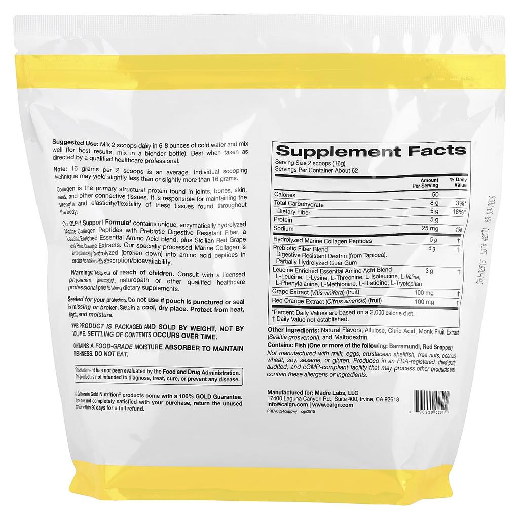 Glp-1 Support Formula, Hydrolyzed Marine Collagen Peptides, Prebiotic Digestion-Resistant Fiber Blend, 1Kg (2.2Lb)