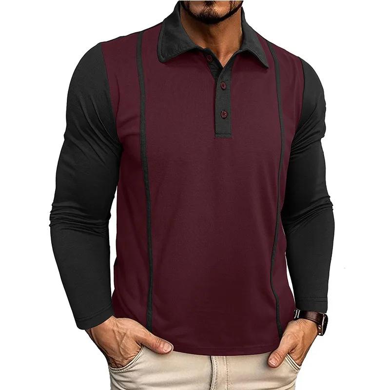 Spring Autumn Men's Contrasting Color Lapel Long Sleeve Button Polo Shirts Mens Casual Polos Tops