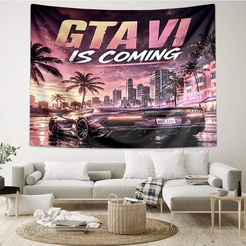 GTA 6 Print Tapestry, Backdrop, Easy Setup, Ideal for Bedroom, Office & Living Room, with Aesthetic Wall Hanging Decor.