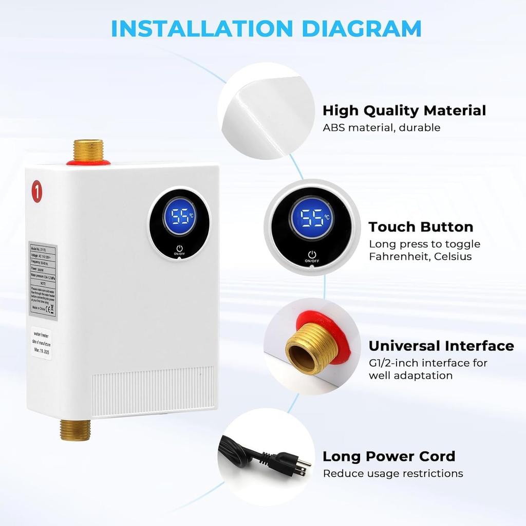 Tankless Water Heater Electric 110V, 3000W Under Sink Instant On Demand Hot Water Heater, Portable Mini Water Heaters with Digital Display for Kitchen