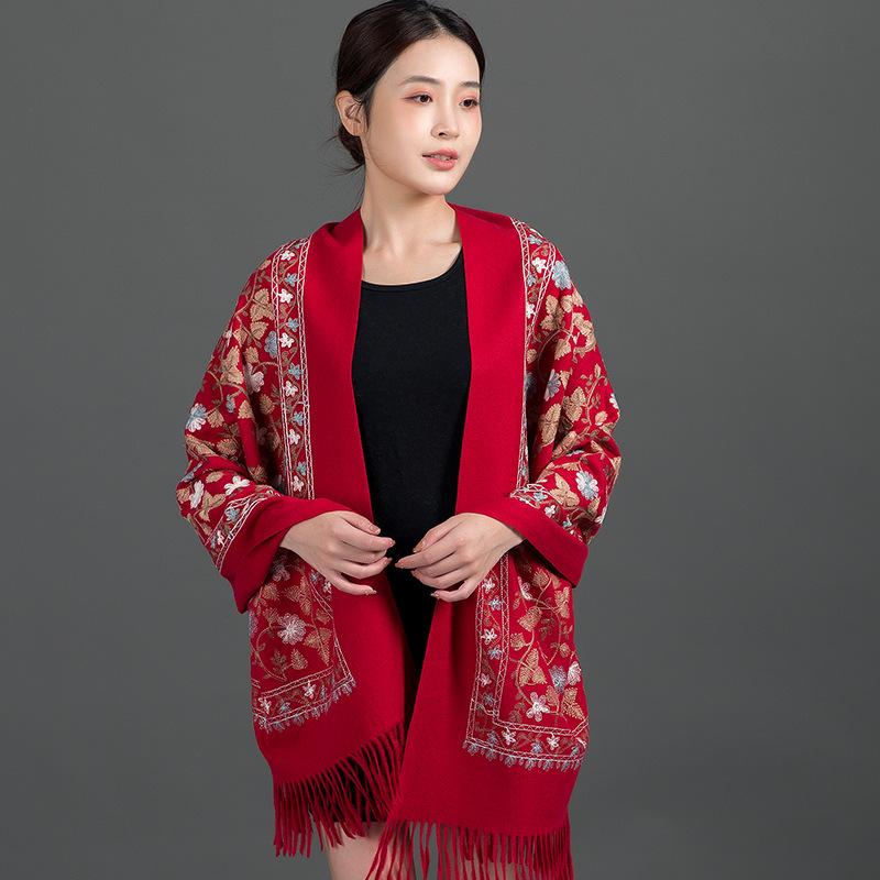 China red embroidery imitation cashmere embroidered scarf women's autumn and winter cheongsam air conditioner shawl summer outdoor wear