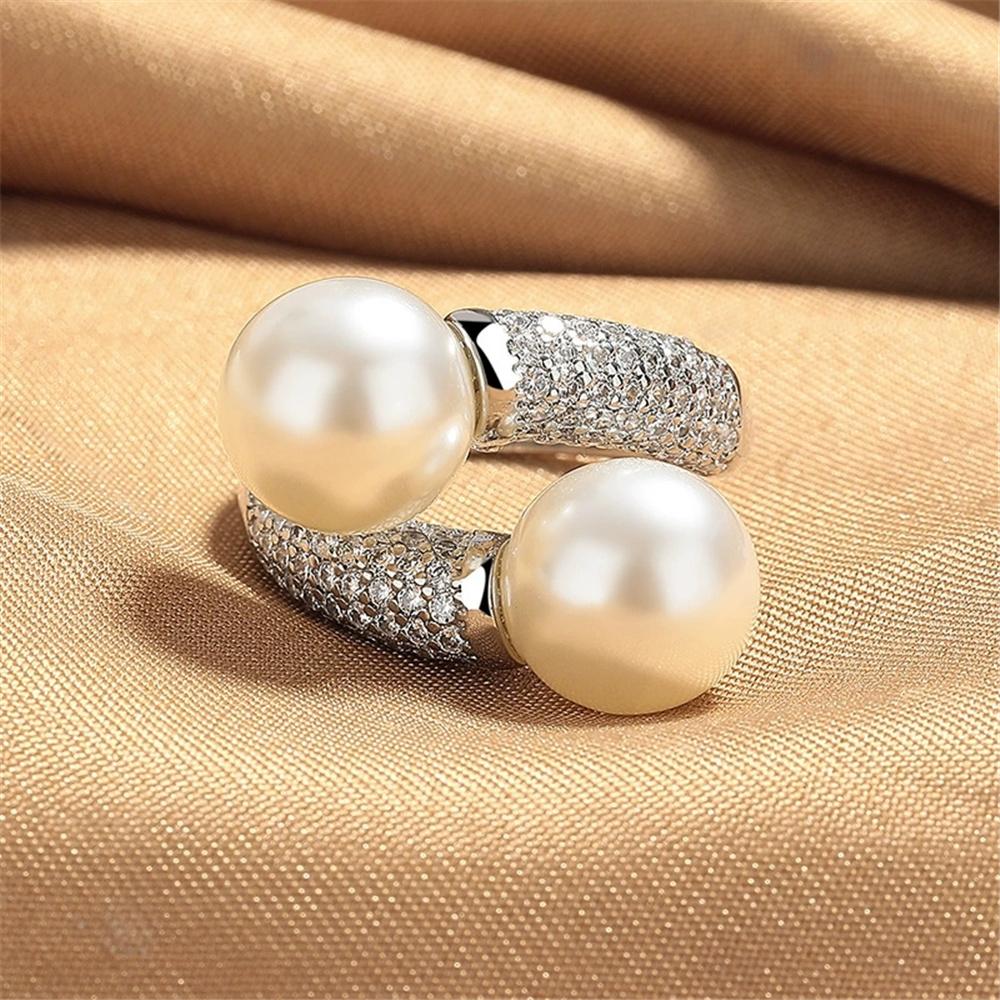 Charm Female White Pearl Zircon Stone Silver Color Wedding Rings Promise Open Adjustable Engagement  For Women