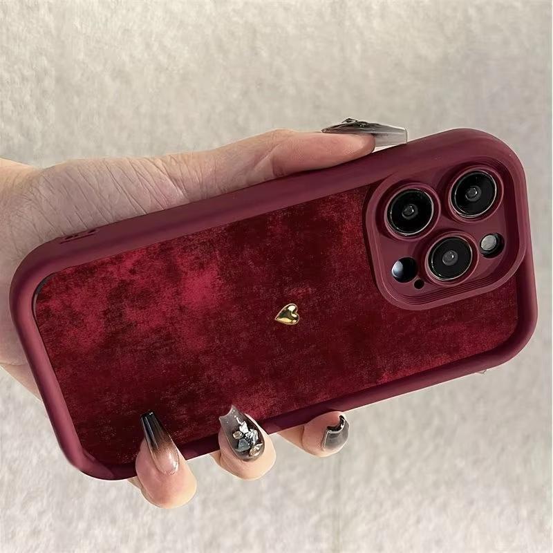 Burgundy Suede With Golden Heart Pattern TPU Soft Case For iPhone 17 16 15 14 Plus 13 12 11 Pro Max 17 Air 16E X XR XS Cover