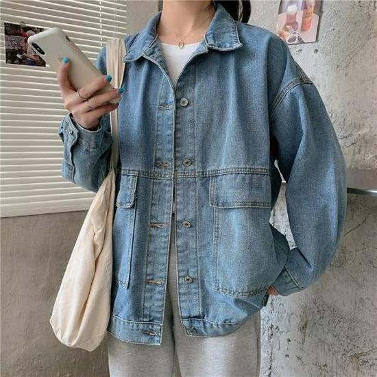 

Women s Retro Denim Jacket, Korean Style, Long Sleeve, Loose Fit for Spring/Autumn. Extra Large