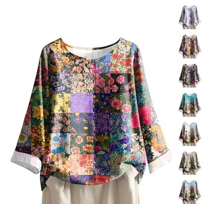 Women's Fashionable And Casual Shirt Long-sleeve Round Neck Print Cotton And Linen Blouse Top