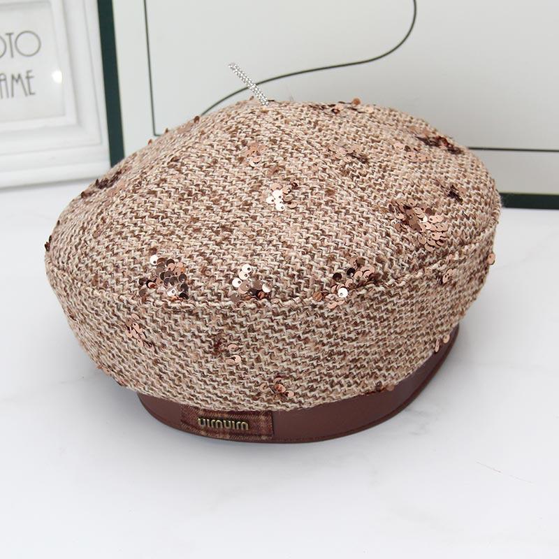 South Korea's new tweed Bere octagonal hat autumn and winter fashion small fragrant style sequined newsboy hat star forward hat