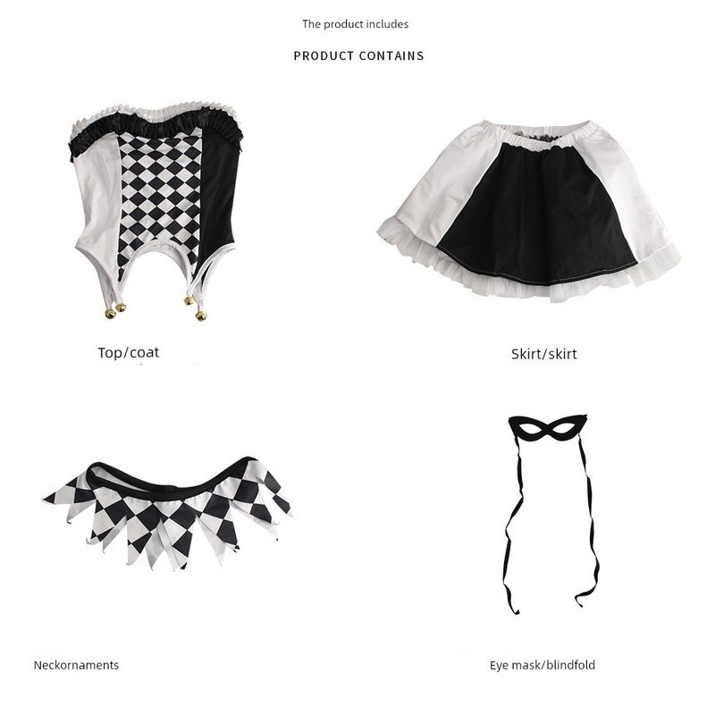 Cross-Dressing Queen Vampire Clown Cosplay Costume Halloween Demon Outfit Black and White Plaid Clown Cosplay Costume Black and White Checkered Harley Quinn S