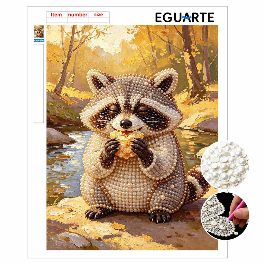 Sparkling Pearl Painting on Stretched Frame Cute Raccoon Eating DIY Bead Art Canvas Relaxing Hobby Gift for Craft Lovers Creative Projects