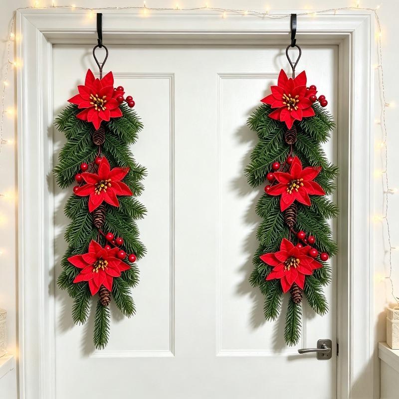 2PCS 60cm Artificial Christmas Hanging Vine Garland Poinsettia Pine Cone Red Berry Teardrop Rattan DIY Xmas Door Wall Decor
