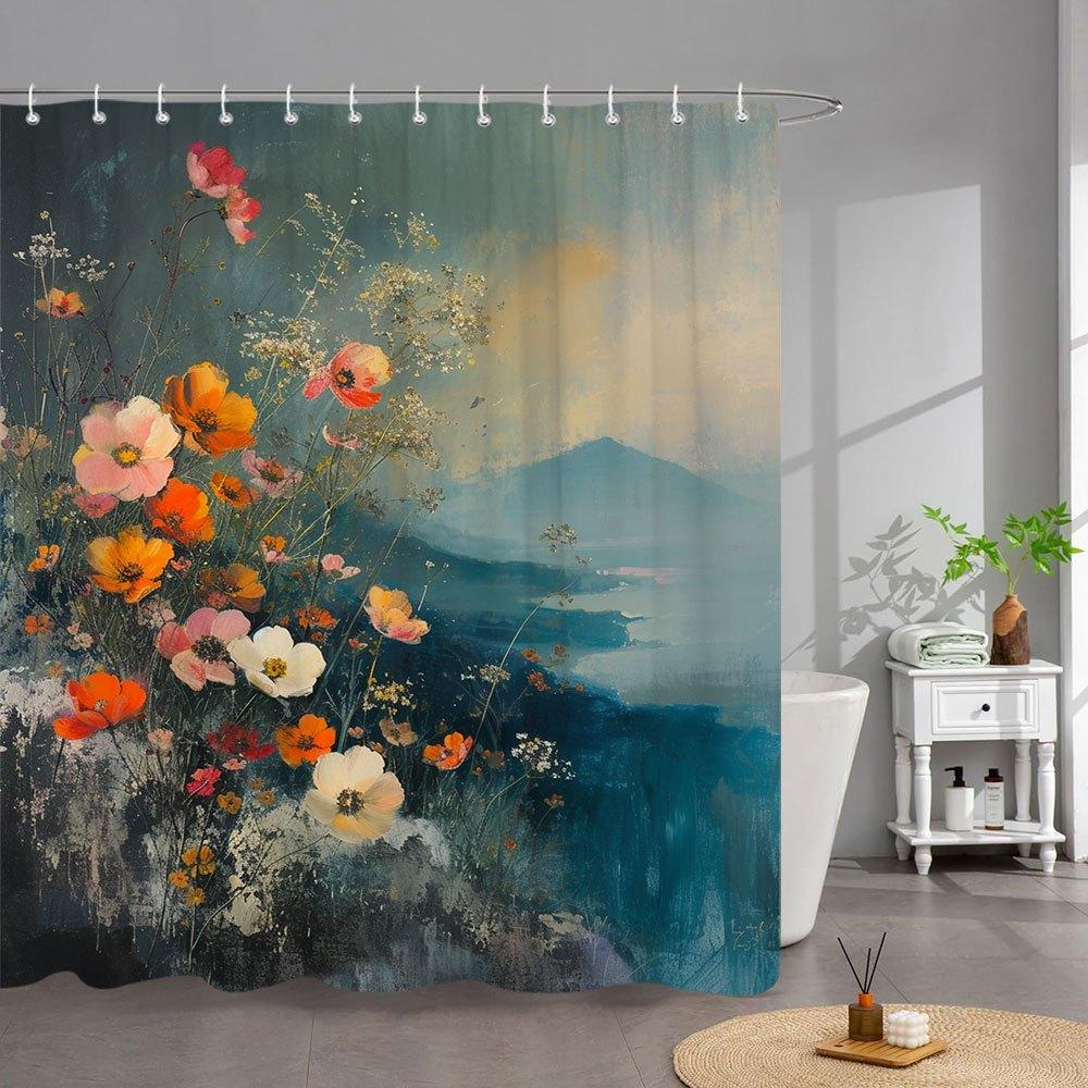 1pc Poppies Bath Curtain - Vibrant Impressionist Orange Pink White Wildflowers with Rolling Hills Misty Horizon, 90x180cm