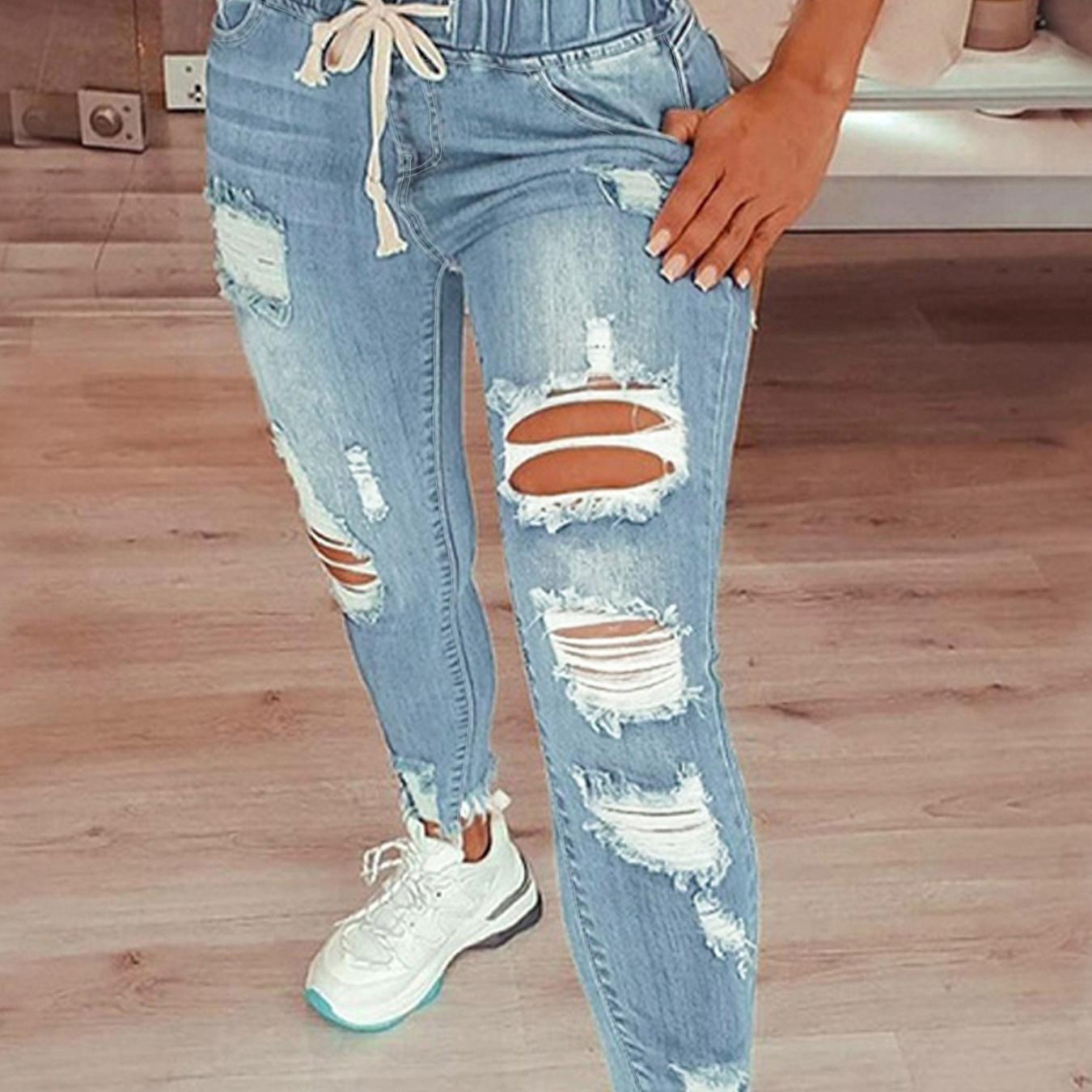 

Женские джинсы с высокой посадкой, рваные, эластичные, на шнуровке 2XL светло-синий