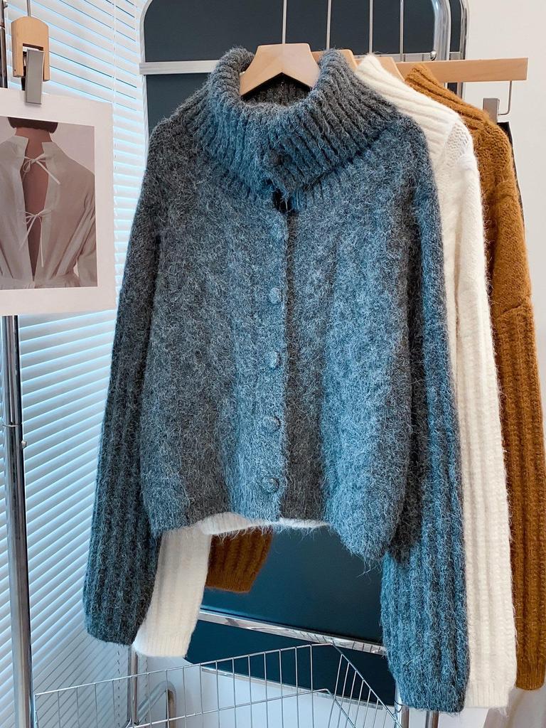 Women's High-Neck Sweater Coat - 2026 Autumn/Winter Loose Lapel Outerwear, Thick Knit Cardigan, Trendy Lazy Style