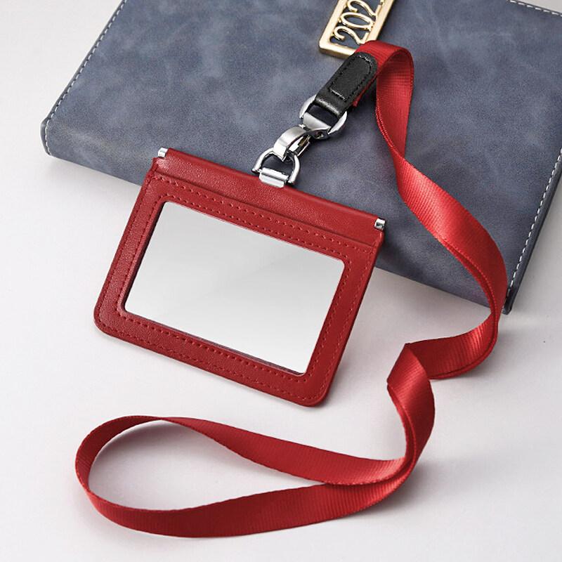 2-Sided Transparent Window Badge Holder ID Business Work Card Holders Genuine Leather Card Case with Lanyard (Can Hold 4 Cards )