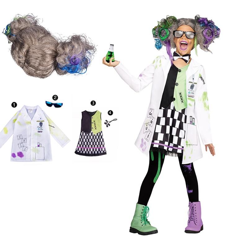 Mad Halloween Scientist Costume Girls Boys Uniform Cosplay Set For Kid Role Play