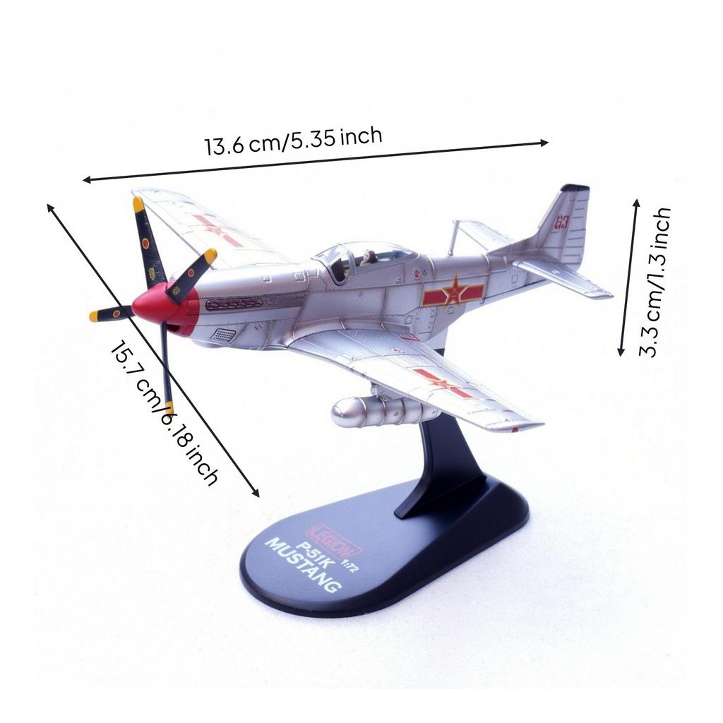 Model Airplane with Display Stand 1:72 Scale Vintage Fighter Silver-Finish