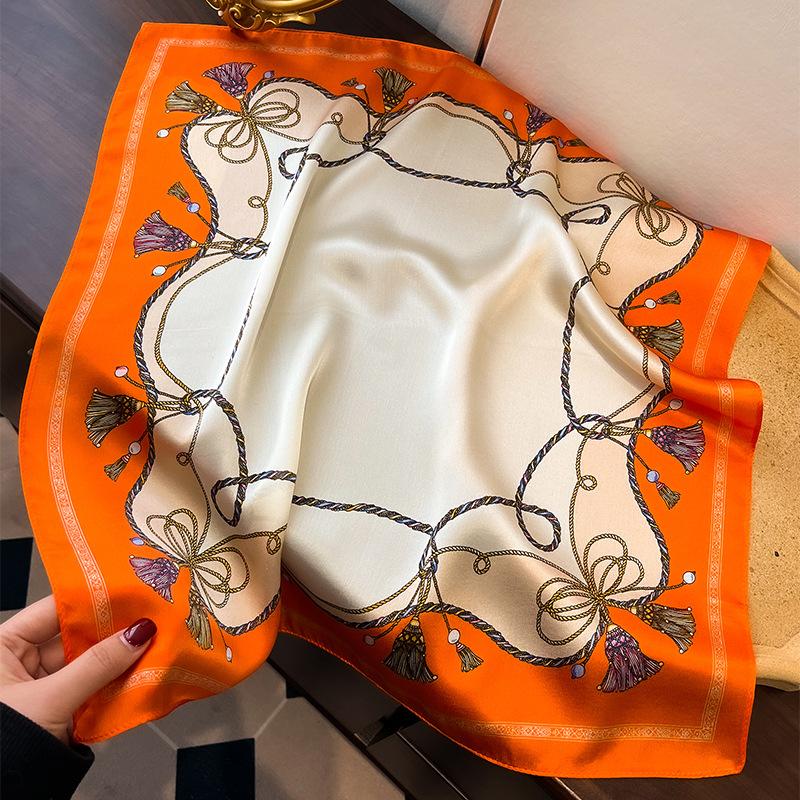 Light Luxury Ins Style Silk Silk Scarf Women's Spring Fashion Orange Rope Knot Mulberry Silk Square Scarf Versatile Tied Bag Small Silk Scarf