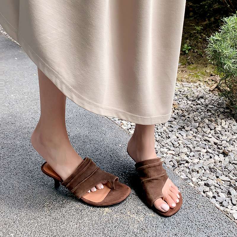 Krazing Pot Suede Mules Summer Size 40 Outside Slippers Flip Flops Stiletto High Heels Women Peep Toe Sandals